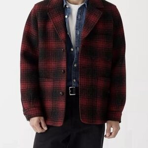 J. Crew Shetland Wool Plaid Red OverCoat Jacket Size M